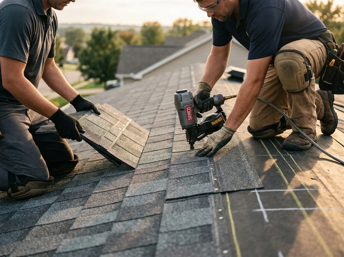 Professional roofer working on a residential roof in Gloucester City